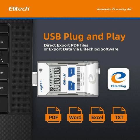 Front view of Elitech USB temperature data logger with LCD display and Start/Stop buttons beside Elitech packaging.