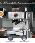 Next Level Semi Automatic Espresso Machine With Built In Grinder, 20 Bar Pump Pulls Crisp Shots And Silky Foam Through Frothing Steam Wand, Boasts 30 Settings And Spacious 2.8 Liter Tank For Sweet Daily Brews with coffee art detail.