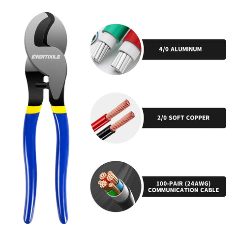 Rock Solid Heavy Duty Cable Cutter For Thick Battery Copper And Aluminum Wires With Ergonomic Comfort Grip and High Leverage Design for cutting 4/0 aluminum and 2/0 copper.