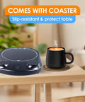 Fast Heating Electric Mug Warmer Featuring Four Adjustable Heat Settings And Smart Auto Shutoff To Keep Your Morning Brew Nice And Toasty Without Any Lukewarm Sips Ever on a table with a black mug and coaster.