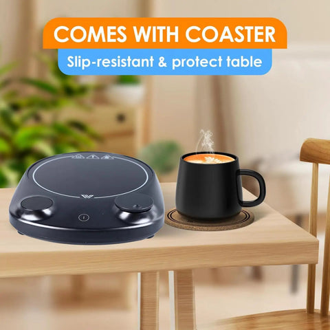 Fast Heating Electric Mug Warmer Featuring Four Adjustable Heat Settings And Smart Auto Shutoff To Keep Your Morning Brew Nice And Toasty Without Any Lukewarm Sips Ever on a table with a black mug and coaster.