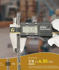 Caliper measuring diameter of 1/4 inch stainless steel cable, 6.35mm, for backyard zipline, string lights, and deck railing use.