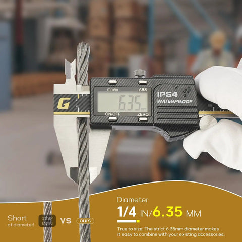 Caliper measuring diameter of 1/4 inch stainless steel cable, 6.35mm, for backyard zipline, string lights, and deck railing use.
