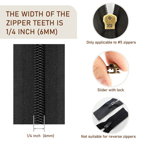 Number Five Zipper Sliders Repair Kit With 12 Sliders, 30 Top Stops And 15 Bottom Stops, shown with zipper teeth size and slider options