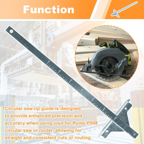 Heavy Duty Circular Saw Guide Rip Fence Edge Cutter Compatible With Ryobi 18v Cordless Models P508 P501g P506 And P507 shown with ruler and saw.