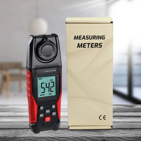 Handheld Lux Meter With Big LCD Display Data Hold And Backlight Fast Read High Accuracy For Indoor Outdoor Light Measurement 0.1 To 200000 Lux Wide Range Perfect For Photography Studio Gardening And Plant Growth, front view with box