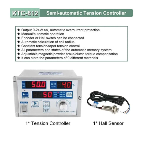 KTC-812 Semi-automatic Tension Controller with Hall Sensor displayed against a white background showing features and specifications.