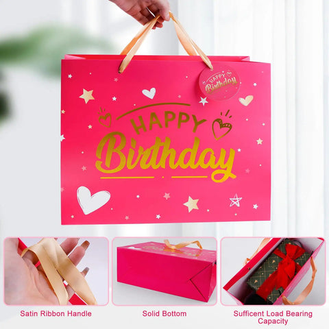 Birthday Gift Bag With Tissue Paper And Greeting Card, 13 Inch Gift Bag With Gold Foil Happy Birthday Design And Ribbon Handles