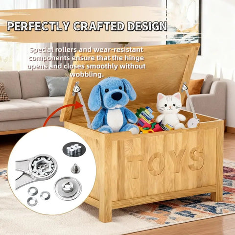 Solid Steel Cabinet Lid Support Hinges Two Pack Heavy Duty Folding Door Stays Zinc Coated Finish Holds Fifty Pounds showing a toy chest with stuffed animals and hinge components.