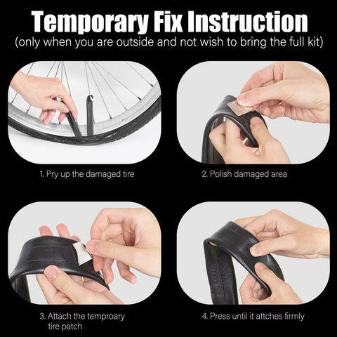 Instructions for using Tire Repair Kit For Bikes And Motorized Rides With Glueless Patches and Vulcanizing Patches for quick fix