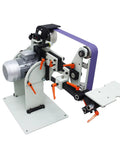 Heavy Duty Variable Speed Belt Sander And Rock Solid Grinder For Fast Knife Sharpening Rust Stripping And Slick Metal Finishing On A Compact Foldable Stand with purple belt and motor.