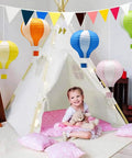 Hanging Hot Air Balloon Paper Lanterns Party Decor Set 12 Inch Colorful Lanterns in a child's room with teepee setup.