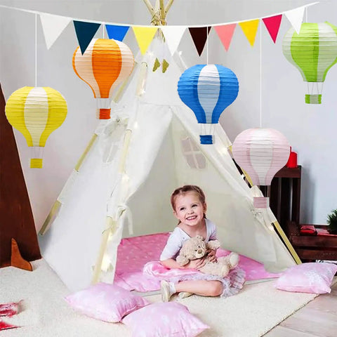 Hanging Hot Air Balloon Paper Lanterns Party Decor Set 12 Inch Colorful Lanterns in a child's room with teepee setup.