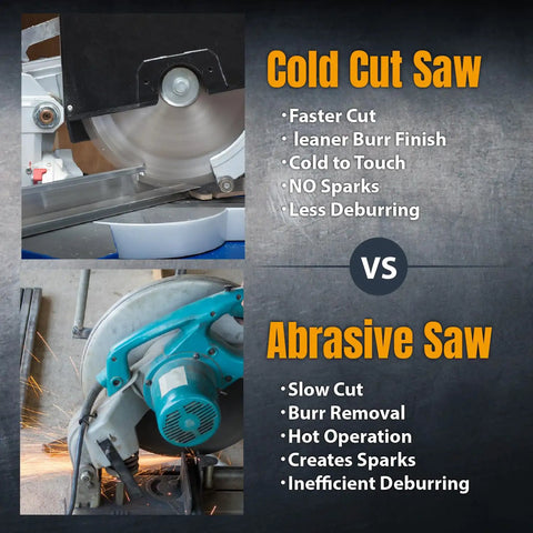 Comparison of cold cut saw and abrasive saw highlighting differences in cut speed, burr finish, heat, spark generation, and deburring.