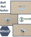 Easy Peasy M5 Steel Hardware Bundle With 25 Ten Millimeter Hex Bolts 50 Wide Washers And 25 Secure Nuts Made For Hassle Free Builds And Solid Weekend Workshop Projects - M5x10 hardware components including bolt, nut, and washer.