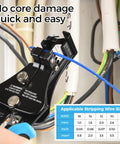 Heavy Duty 3 In 1 All In One Wire Stripper And Cutter For 8 18 AWG Solid And 10 22 AWG Stranded Wire with blue handle in use