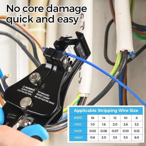 Heavy Duty 3 In 1 All In One Wire Stripper And Cutter For 8 18 AWG Solid And 10 22 AWG Stranded Wire with blue handle in use
