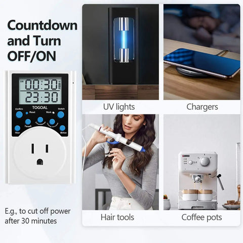 Plug In Timer With Infinite Repeat Cycles And Countdown 24 Hour Daily On Off Programs For Outlets Lights Hydroponic Pumps 120V 15A 2 Pack No Fuss Set It And Forget It Setup For Auto Power And Real Energy Savings shown controlling appliances like UV lights, chargers, and hair tools.