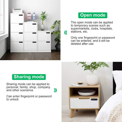 Smart Biometric Cabinet Lock With Fingerprint Password And USB Key installed on white file cabinet and bedside table in home setting