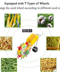 Portable Manual Seeder And Fertilizer Spreader Walk Behind Planter With Seven Openings, showing seed types like corn, cotton, soybeans.
