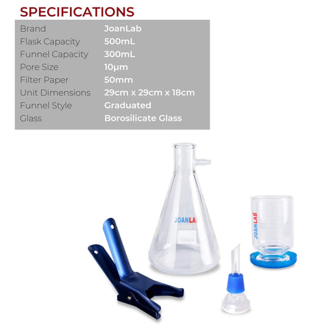Heavy Duty Vacuum Filtration Distillation Set With 500 mL Filter Flask And 300 mL Buchner Funnel, Vacuum Adapter, Rubber Stopper And Aluminum Clamp For Fast Solids Separation, Pro Grade Borosilicate Glass, Heat Resistant, 1 Year Warranty, displayed with parts spread out.
