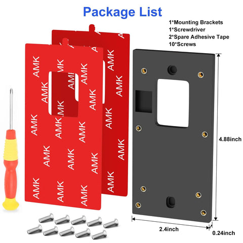 No Drill Doorbell Mount With Heavy Duty Adhesive Tape For Battery Powered Smart Video Doorbells package contents including brackets, screws, and screwdriver.