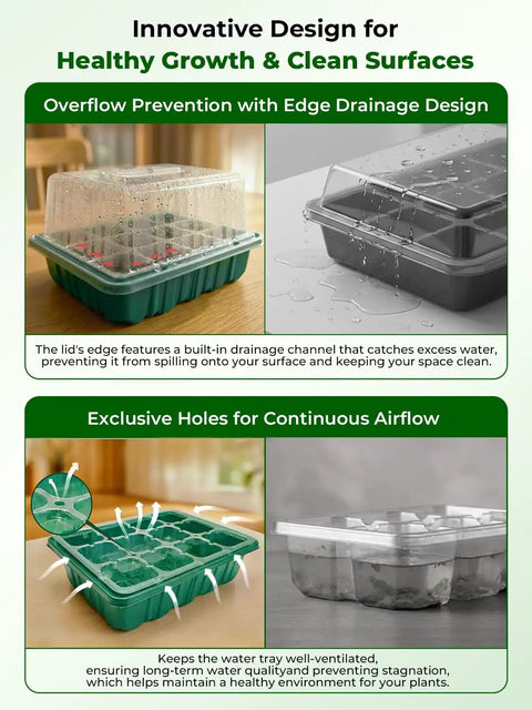 All In One Seed Starter Tray 3 Pack with drainage design and ventilation cover, showcasing overflow prevention and airflow features.