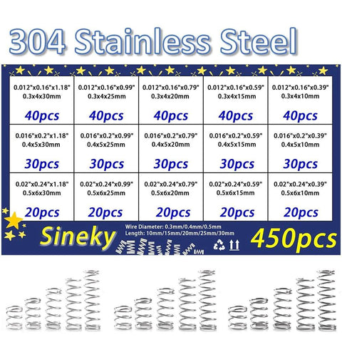 Sineky 450-piece 304 stainless steel compression springs assortment kit in 15 sizes for DIY repairs