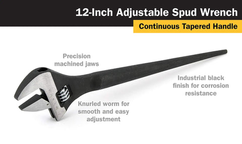 Built Tough Adjustable Construction Spud Wrench 12 Inch For Heavy Duty Fastener Work, One And A Half Inch Jaw Capacity, Chrome Vanadium Steel