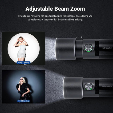 Basics RGB Photography Flashlight With 4 Colors And 20 GOBO Filters displaying adjustable beam zoom feature.