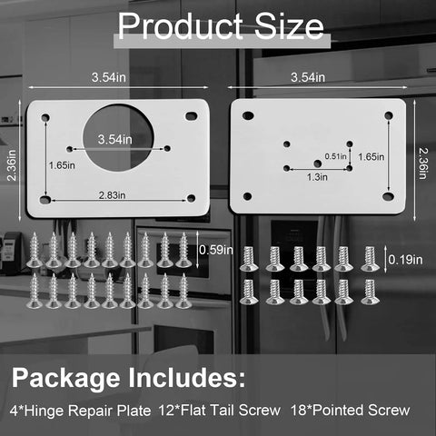 Package contents of Beefy Heavy Duty Hinge Repair Plate Kit For Cabinets With Rust Resistant Stainless Steel Brackets And Holes.
