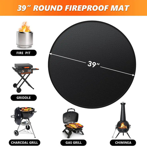 39 Inch Round Fire Pit Mat For Bonfire And Grill Protection Double Sided Fireproof Under Deck Mat Oil Resistant Patio Protector Pad For Fire Pits And Solo Stove Accessories Easy To Clean Reusable Keeps Deck Clean And Safe shown with various grills and fire pit