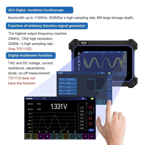 TO1112D Touch Screen Tablet Oscilloscope With Two Channel Handheld Digital Scope, Signal Generator And Multimeter display