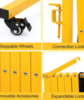 Rock Solid Expandable Metal Safety Gate With Lockable Caster Wheels Heavy Duty Folding Security Barrier and Retractable Mobile Fence features durable wheels and locking mechanisms.