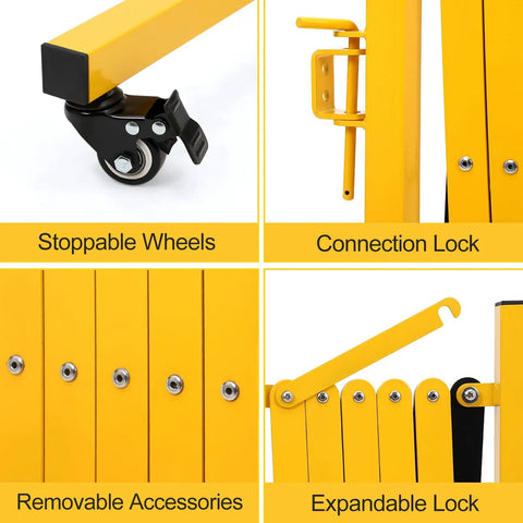 Rock Solid Expandable Metal Safety Gate With Lockable Caster Wheels Heavy Duty Folding Security Barrier and Retractable Mobile Fence features durable wheels and locking mechanisms.