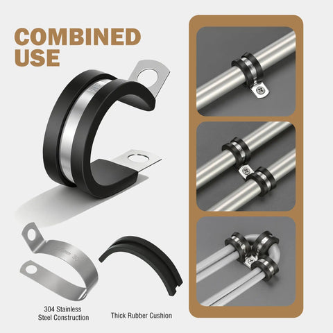 Heavy Duty Cable Clamps Kit, 100 Piece Set in Ten Sizes for Pipe, Hose, and Wire Management, Stainless Steel with Rubber Liner