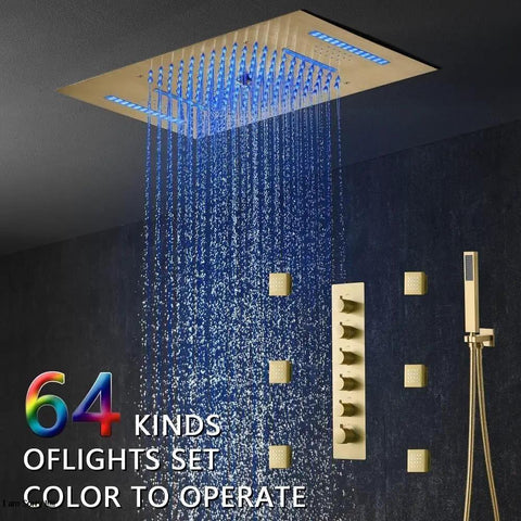 Top Shelf Led Shower System With Built In Bluetooth Speakers And 15X23 Panel Delivers Dope Mist To Heavy Pressure Body Jet Functions Complete With Thermostatic Mixing Valve For That Fresh Bathroom Glow Up - LED shower panel with blue lighting and waterfall spray.