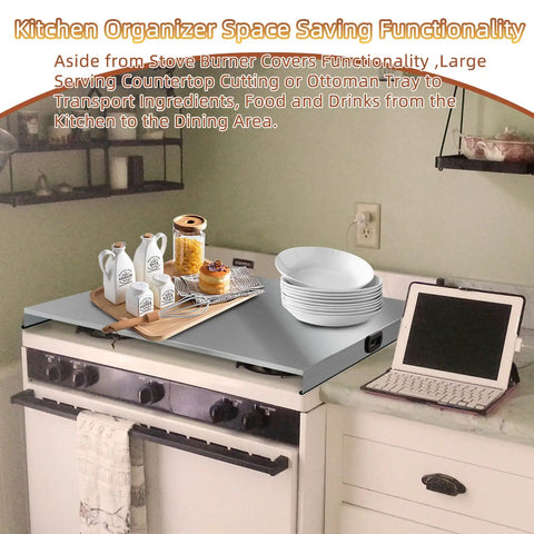 Stainless Steel Stove Top Cover Noodle Board Kitchen Organizer For Gas And Electric Stoves Expands Counter Space And Doubles As A Cutting Board Sink Cover 30 By 22 By 3 Inches Silver on a stove with dishes and condiments.