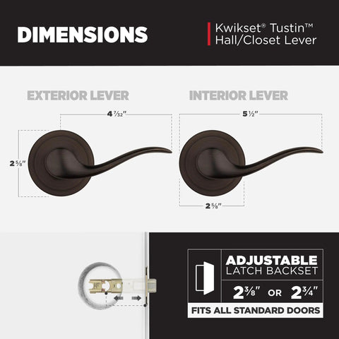 Diagram of Tustin No-Lock Interior Passage Door Lever for Closet and Hallway Doors Reversible Handle DIY Easy Install Venetian Bronze Finish with sizes.