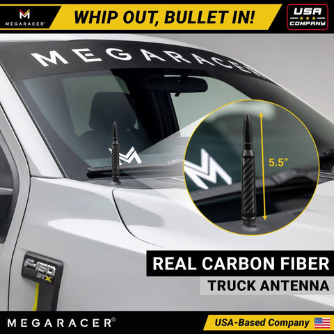 Premium Anodized Carbon Fiber 50 Cal Bullet Antenna For Ford F150 F250 Truck Delivers Sharp Radio Reception with sleek design.