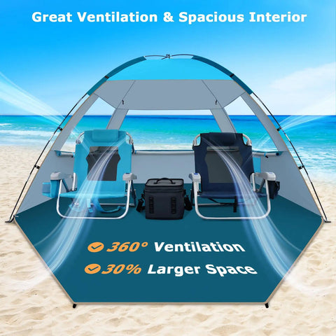 Beach Tent Sun Shade For Large Groups Up To Ten People UPF 50 Plus Easy Pop Up Canopy Shelter With Front Porch and chairs