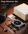 Keep Your Favorite Coffee Popping Hot All Day With Smart Infrared Mug Warmer Set Boasting Pinpoint Temp Tuning features ceramic mug, metal spoon, and user manual.