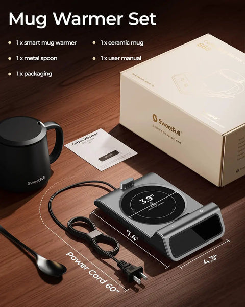 Keep Your Favorite Coffee Popping Hot All Day With Smart Infrared Mug Warmer Set Boasting Pinpoint Temp Tuning features ceramic mug, metal spoon, and user manual.