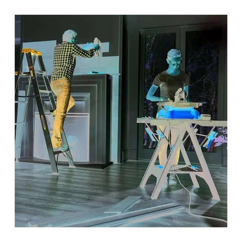 Hella Portable Electric Table Saw Compact Desktop Build Heavy Duty Steel Rip Fence Adjustable Miter Gauge in use on job site.