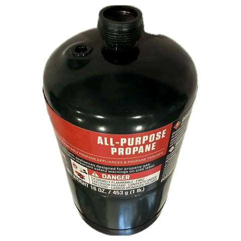 Pre Filled 1 Lb Propane Cylinders Six Pack For Camping And Outdoorsy Adventures Durable Steel Build Green Color Ideal For Propane Stoves Tabletop Grills Torches And Portable Appliances Made In The US black and red propane cylinder close-up