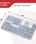 Nails Assortment Kit With 700 Pieces Of Galvanized High Carbon Steel Finish Nails For Hanging Pictures And Wall Art Decor Includes Handy Organizer Box And Six Sizes From Three Quarters Inch To Two Inches shown with dimensions in plastic organizer