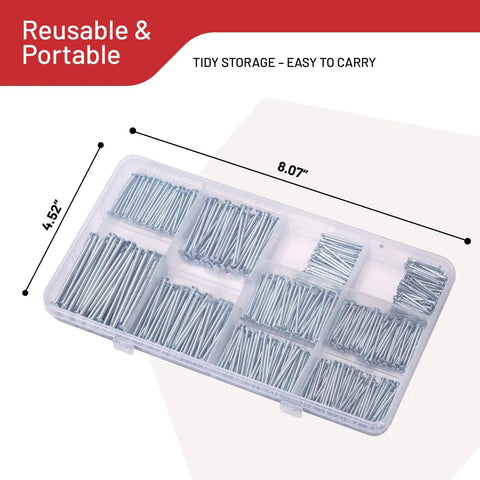 Nails Assortment Kit With 700 Pieces Of Galvanized High Carbon Steel Finish Nails For Hanging Pictures And Wall Art Decor Includes Handy Organizer Box And Six Sizes From Three Quarters Inch To Two Inches shown with dimensions in plastic organizer