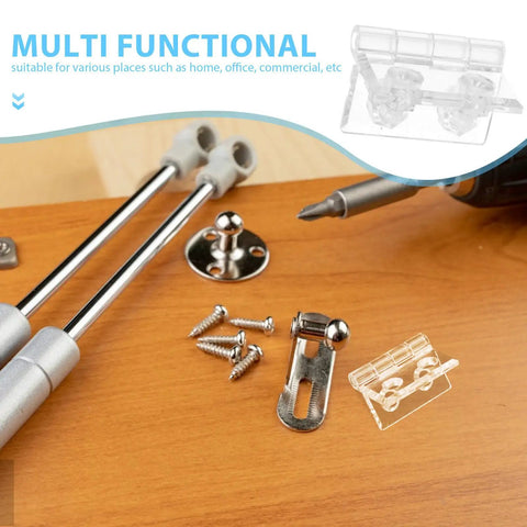 Beefy Frosted Acrylic Cabinet Door Hinge With Pre Drilled Holes alongside mounting tools on a wooden surface