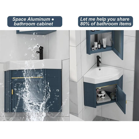 Modern Bathroom Vessel Sink Corner Mounted, 15" Bathroom Vanities Cabinet Sink Combo with blue aluminum cabinet.
