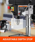 Close-up of Beefy 13 Inch Floor Drill Press With 7.5 Amp 120V Pure Copper Motor highlighting adjustable depth stop feature.
